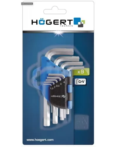 Набор коротких шестигранных Г-образных ключей 1,5-10 мм, CrV, 9 шт. HT1W802
