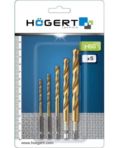 Набор сверл по металлу с шестигранным хвостовиком (hex), Co5%, 2, 3, 4, 5, 6 мм, 5 шт HT6D180
