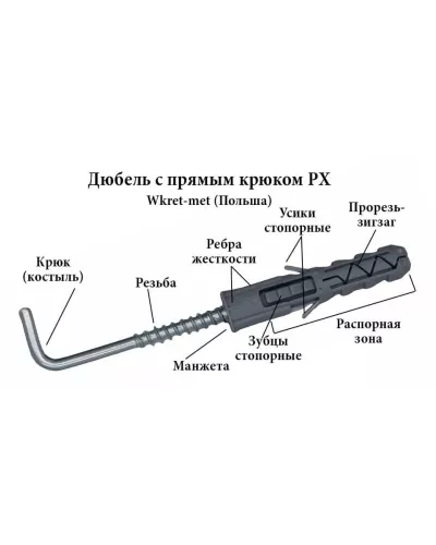 WKRET-MET Дюбель распорный универсальный полипропиленовый 6х30 с прямым крюком 4х40 (200шт/уп), PX-06