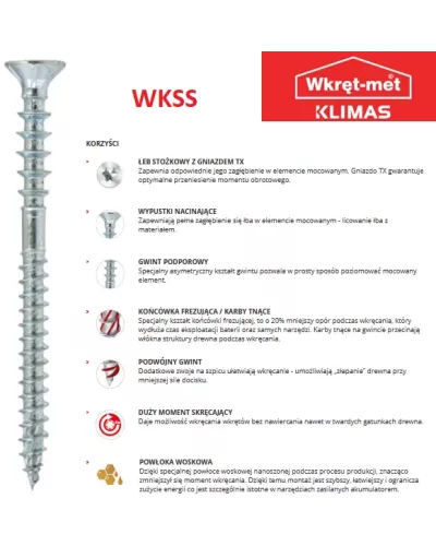 WKRET-MET Саморез по дереву конструкционный, белый цинк 6,0 x 120, TX-30, с потайной головкой, с двойной резьб