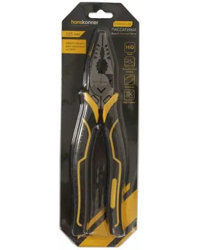 Пассатижи 225мм, эксц. шарнир,+30% к силе реза, СrV, TPR рук., Hanskonner