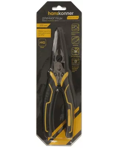 Длинногубцы 200мм, эксц. шарнир,+30% к силе реза, СrV, TPR рук., Hanskonner