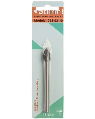 Сверло по стеклу и кафелю, 10мм, круглый хвостовик, 2 грани, Sturm!