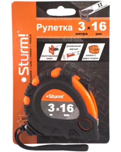 Рулетка 3x16мм, 3 кнопки стопа, двухсторонняя, магнит на зацепе, Sturm!