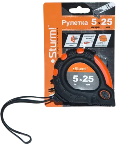 Рулетка 5x25мм, 3 кнопки стопа, двухсторонняя, магнит на зацепе, Sturm!