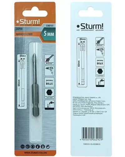 Сверло по стеклу и кафелю, 5мм, четырехгранный наконечник, шестигранный хвостовик, Sturm!