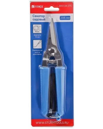 Секатор ручной, 160 мм, пластиковая ручка, толщина лезвия 4 мм, ремешок на руку, СОЮЗ