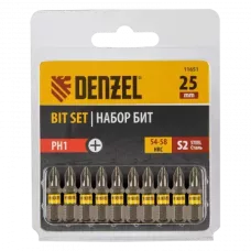 Бита DENZEL PH1х25, сталь S2, шестигранный профиль, 10 шт. Е 6,3