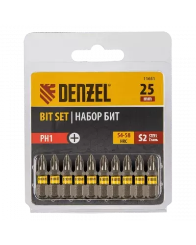 Бита DENZEL PH1х25, сталь S2, шестигранный профиль, 10 шт. Е 6,3