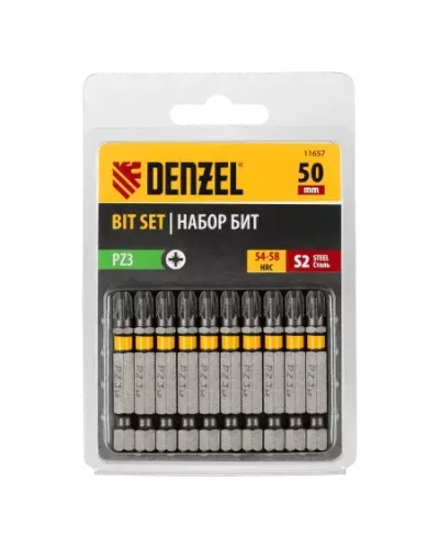 Бита DENZEL PZ3х50, сталь S2, шестигранный профиль, 10 шт. Е 6,3