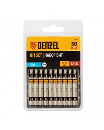 Бита DENZEL SL6,0х50, сталь S2, шестигранный профиль, 10 шт. Е 6,3