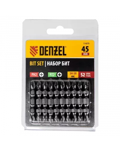 Бита DENZEL двухсторонняя, PH2-PZ2 х 45 мм, сталь S2, 10 шт.
