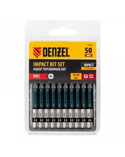 Бита DENZEL IMPACT, PH1x50 мм, лазерная обработка шлица, сталь S2, 10 шт., Е 6,3