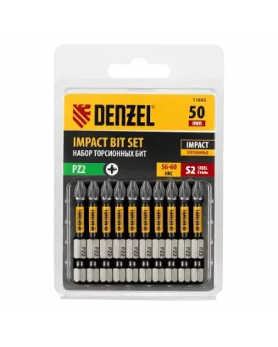 Бита DENZEL IMPACT, PZ3x50 мм, лазерная обработка шлица, сталь S2, 10 шт., Е 6,3