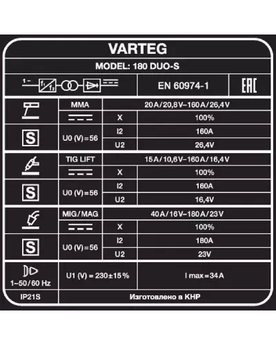 Сварочный полуавтомат VARTEG 180 DUO-S