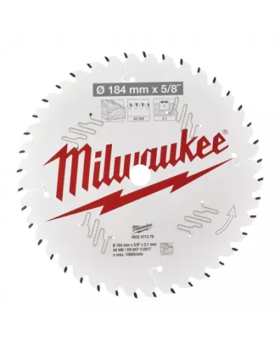 Пильный диск Milwaukee для циркулярной пилы по дереву 184x15.87x2,1 40 зубов  (Арт. 4932471379)