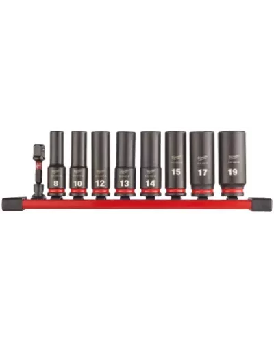Набор головок ударных удлиненных Milwaukee 3/8'' (9 шт) (8, 10, 12, 13, 16, 17, 18, 19 + переходник 1/4'' Hex-3/8'' квадрат )  (замена для 4932478289) (Арт. 4932480455)