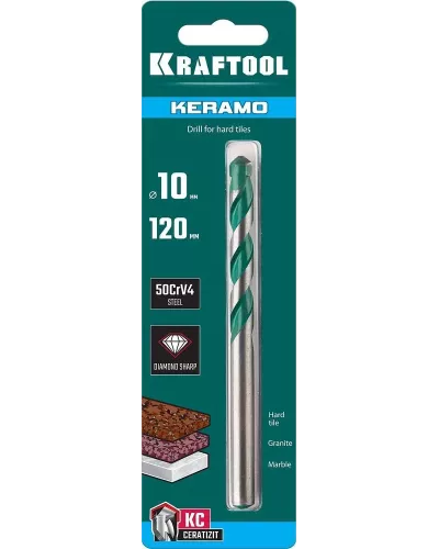 KRAFTOOL 10 х 120 мм, cверло по керамограниту с твердосплавной пластиной KERAMO 29175-120-10