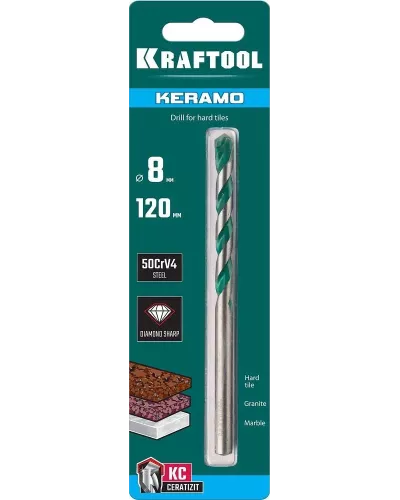 KRAFTOOL 8 х 120 мм, cверло по керамограниту с твердосплавной пластиной KERAMO 29175-120-8