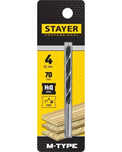STAYER d=4 х 70/40 мм, М-образная заточка, сталь HCS, спиральное сверло по дереву 