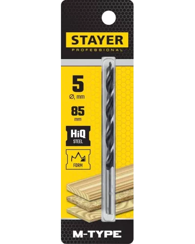 STAYER d=5 х 85/45 мм, М-образная заточка, сталь HCS, спиральное сверло по дереву 