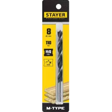 STAYER d=8 х 110/80 мм, М-образная заточка, сталь HCS, спиральное сверло по дереву "M-type" 2942-110-08_z02