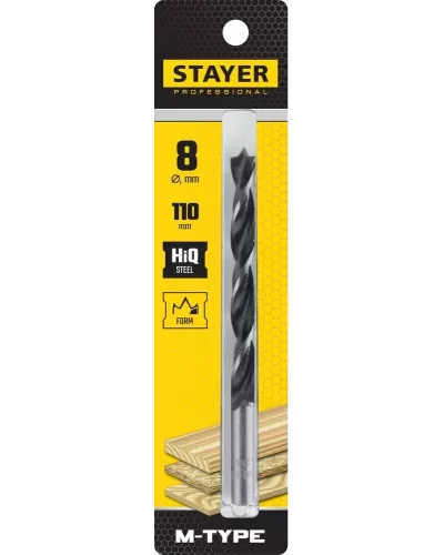 STAYER d=8 х 110/80 мм, М-образная заточка, сталь HCS, спиральное сверло по дереву 