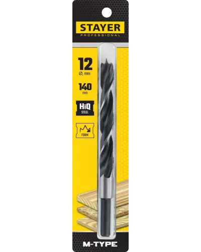 STAYER d=12 х 140/85 мм, М-образная заточка, сталь HCS, спиральное сверло по дереву 