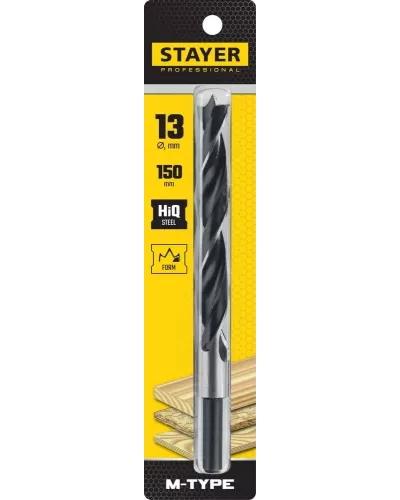 STAYER d=13 х 150/95 мм, М-образная заточка, сталь HCS, спиральное сверло по дереву 