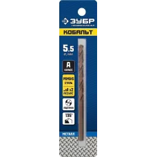 ЗУБР Ø 5.5 x 93 мм, сталь Р6М5К5, класс А, сверло по металлу КОБАЛЬТ 29626-5.5 Профессионал