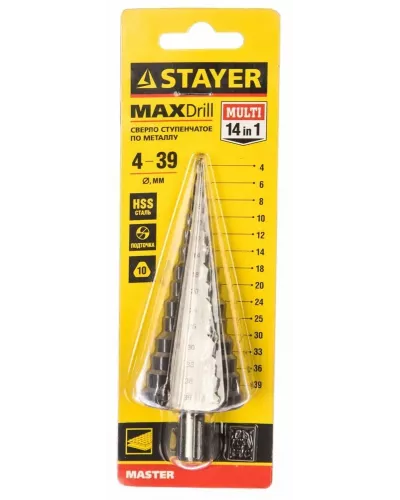 STAYER  4-39 мм, 14 ступеней, HSS, сверло ступенчатое 29660-4-39-14