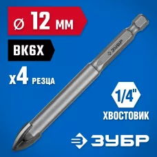 ЗУБР  12 мм, 4-х резцовый, длина 95 мм, шестигранный хвостовик, сверло по стеклу и кафелю 29845-12_z01