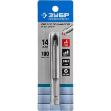 ЗУБР  14 мм, 4-х резцовый, длина 100 мм, шестигранный хвостовик, сверло по стеклу и кафелю 29845-14_z01