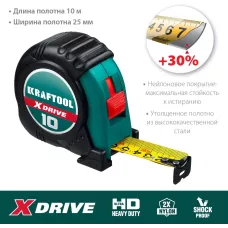 KRAFTOOL 10 м х 25 мм, ударостойкий обрезиненный корпус, рулетка X-Drive (34122-10)