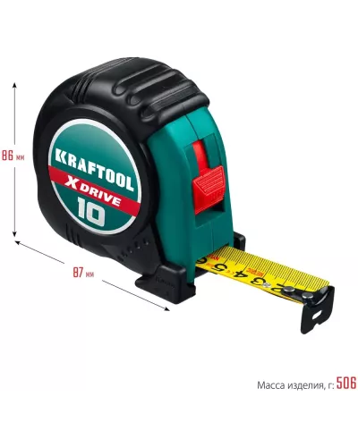 KRAFTOOL 10 м х 25 мм, ударостойкий обрезиненный корпус, рулетка X-Drive (34122-10)