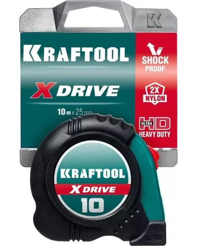 KRAFTOOL 10 м х 25 мм, ударостойкий обрезиненный корпус, рулетка X-Drive (34122-10)