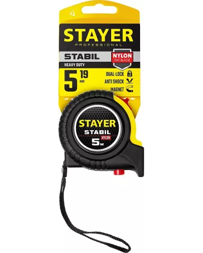STAYER 5 м х 19 мм, ударостойкий, обрезиненный корпус, два фиксатора, рулетка 34131-05_z02