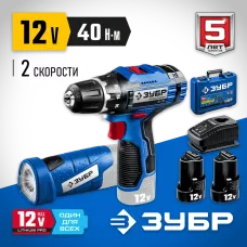 ЗУБР  Т7, 12 В, 40 Н·м, 2 АКБ (2 А·ч), дрель-шуруповерт + LED фонарь, кейс, Профессионал (DL-121-22F)