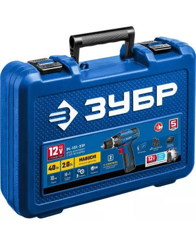 ЗУБР  Т7, 12 В, 40 Н·м, 2 АКБ (2 А·ч), дрель-шуруповерт + LED фонарь, кейс, Профессионал (DL-121-22F)