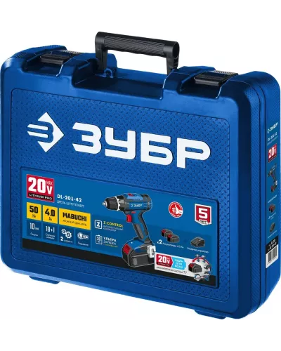 ЗУБР  Т7, 20 В, 50 Н·м, 2 АКБ (4 А·ч), дрель-шуруповерт, кейс, Профессионал (DL-201-42)