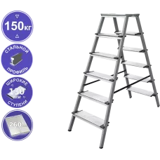 Стремянка двухсторонняя 2x6 ступеней 130мм площадка 260мм комбинированная со стальным профилем NV 1147 Новая высота 1147206
