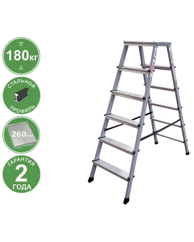 Стремянка двухсторонняя 2x6 ступеней площадка 260мм комбинированная со стальным профилем NV2140 Новая высота 2140206