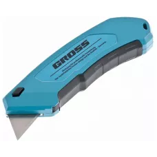 Нож GROSS 130 мм, алюминиевый корпус, выдвижное трапециевидное лезвие 18 мм (SK-5), клипса для ремня + 4 лезвия 78899