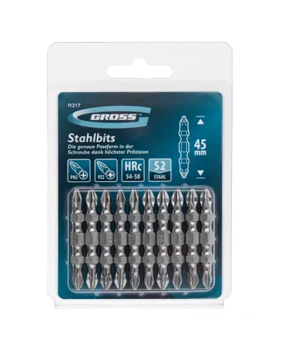 Бита двухсторонняя, PH2-PZ2 х 45 мм, сталь S2, 10 шт. Gross