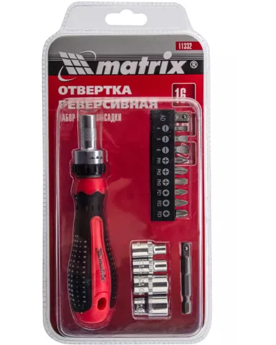 Отвертка реверсивная с набором бит и насадок торцевых, CrV, 1/4, 16 шт Matrix