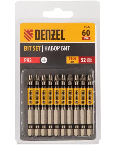 Бита PH2х60, сталь S2, цилиндр., 10 шт. Е 6,3 Denzel