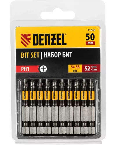Бита PH1х50, сталь S2, цилиндр., 10 шт. Е 6,3 Denzel