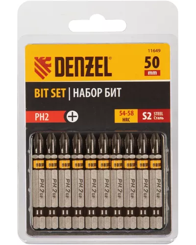 Бита PH2х50, сталь S2, шестигранный профиль, 10 шт. Е 6,3 Denzel