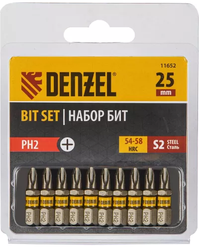 Бита PH2х25, сталь S2, шестигранный профиль, 10 шт. Е 6,3 Denzel