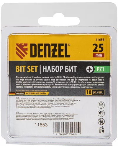 Бита PZ1х25, сталь S2, шестигранный профиль, 10 шт. Е 6,3 Denzel